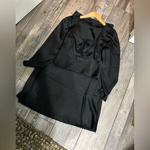 House of Harlow 1960 Black Satin Tie close Blouse and Long Skirt lace trim set